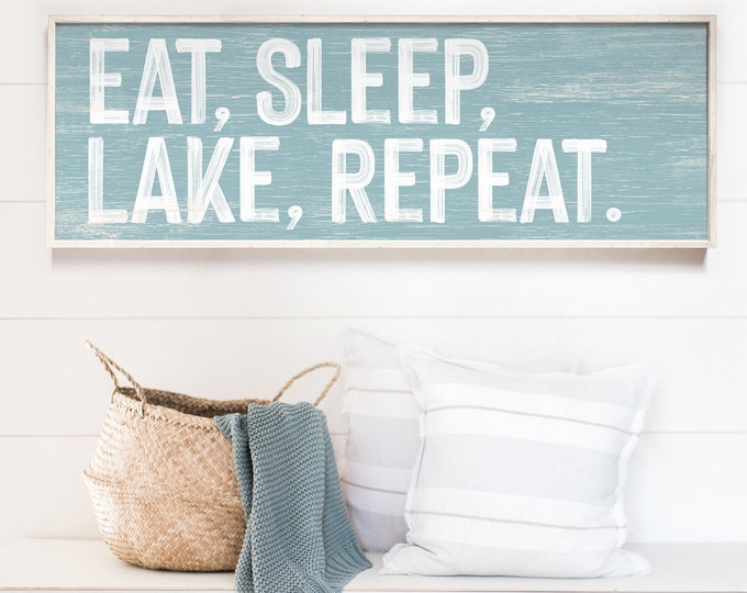 Blue LAKE HOUSE decor > Eat, Sleep, Lake, Repeat canvas sign, Tide blue  wall art, lakehouse wall art gift, Faux weathered wood canvas {pwo}