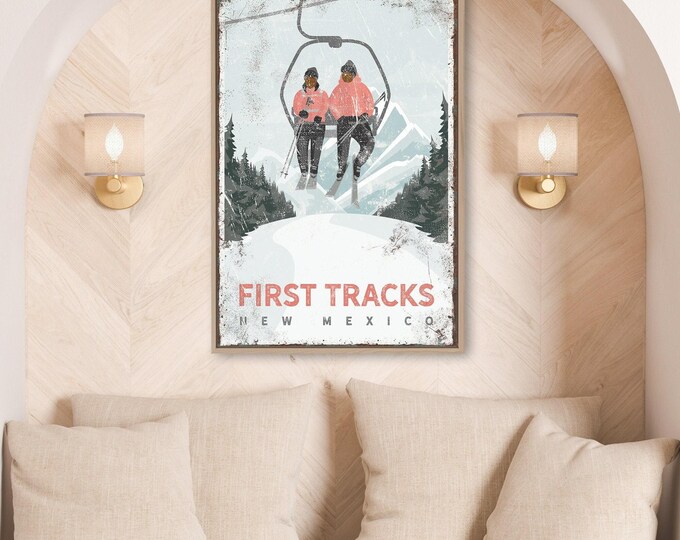 FIRST TRACKS Ski poster for ski house decor, personalized mountain lodge wall art, custom ski decor sign on canvas, New Mexico Ski Art {vph}