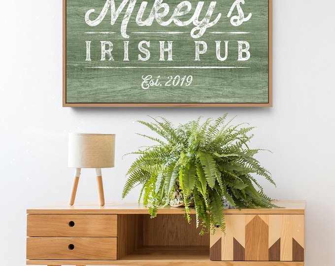 Irish pub green sign, custom bar name and est year for a home bar wall