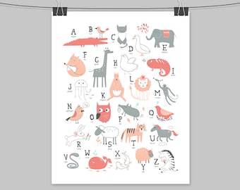 coral alphabet sign / wall art print / letters, animal ALPHABET poster / modern kids' room, coral nursery sign ▷ archival matte paper print