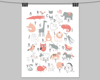 coral alphabet sign / wall art print / letters, animal ALPHABET poster / modern kids' room, coral nursery sign ▷ archival matte paper print