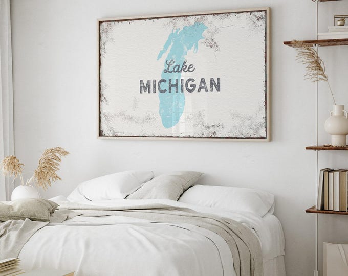 Vintage Lake Sign Wall Art - Blue Canvas with Wood Frame