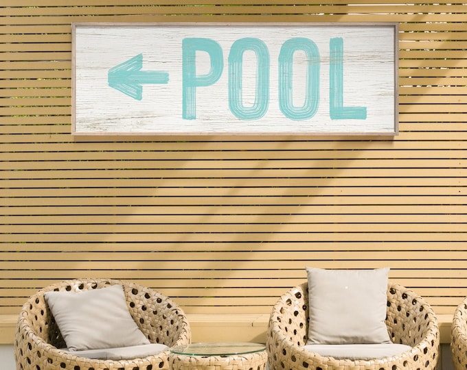 Poolside Decor Arrow Sign, Aqua And White Pool Wall Art, Backyard Patio Long Print