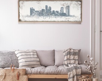 Boston City Skyline Poster: Harbor Blue and White, Custom Sizes