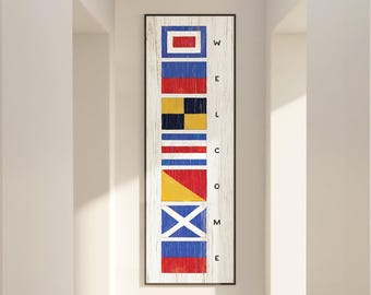 Nautical Flags Welcome Sign, Coastal Beach Decor, Lake House Wall Art, Maritime Gift, Personalized Canvas Print, Entryway Display {NFW}