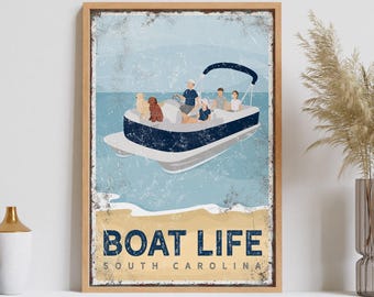 personalized FAMILY pontoon boat sign, BOAT LIFE, South Carolina canvas print, family of four with two dogs, navy beach house decor {vpb}