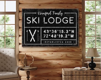 Long Sign Art for Ski Lodges, Black and Cream Family Name with Established Year
