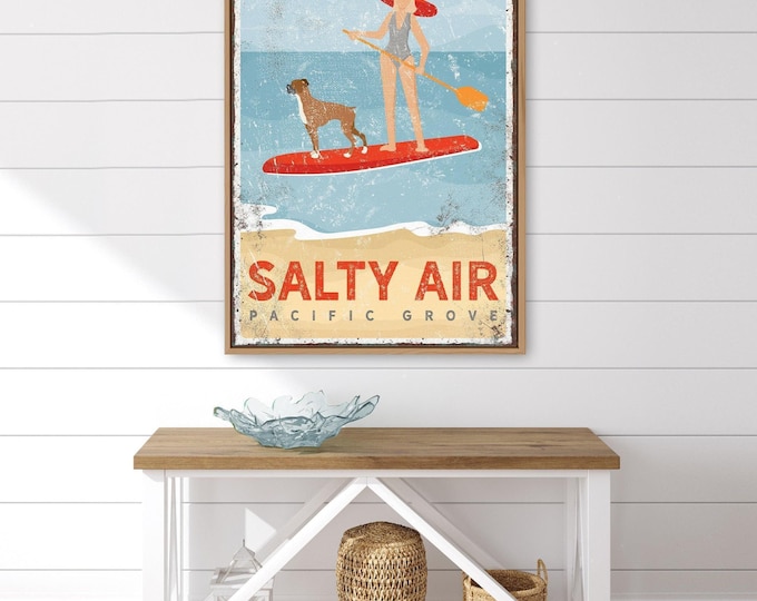 vintage BEACH PADDLEBOARD SIGN with dog, woman on paddleboard with Boxer dog poster, custom beach house wall art, gift for dog lovers  {vpb}