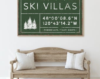 Ski Lodge Wall Decor: Personalized Name and Coordinates (Multiple Sizes)