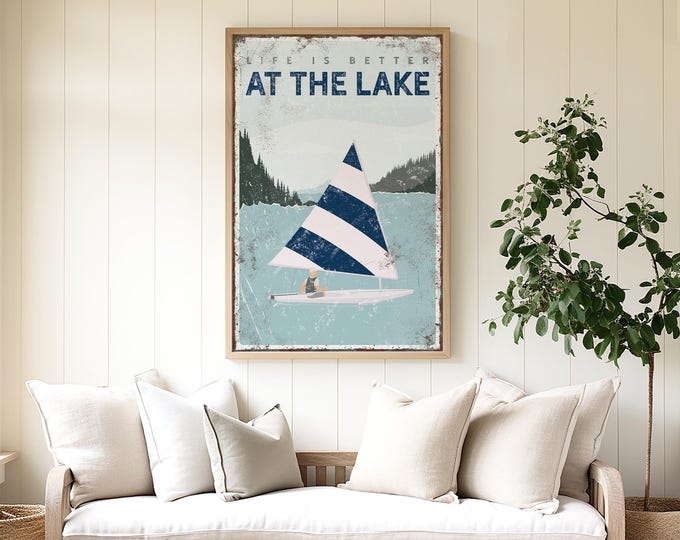 Life is Better at the Lake Poster, Personalized Sailing Poster, Navy Lake House Decor, Custom Sailing Gift Idea, Retro Lake Wall Art {vpl}