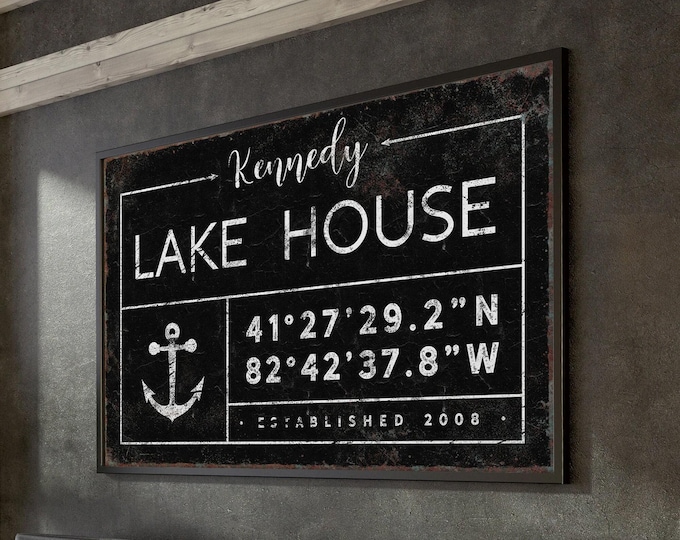 Lake House Wall Sign: Personalized Coordinates - Vintage Canvas Art