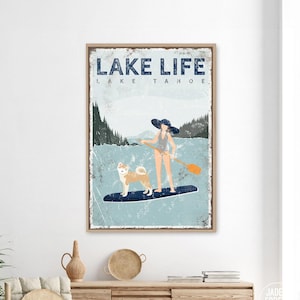 personalized paddleboard sign • woman paddleboarding with akita dog • SUP Lake Tahoe LAKE LIFE sign • navy blue lake house decor gift {vpl}