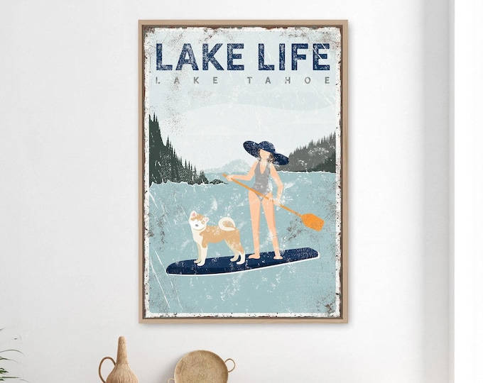 personalized paddleboard sign • woman paddleboarding with akita dog • SUP Lake Tahoe LAKE LIFE sign • navy blue lake house decor gift {vpl}