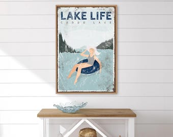 Lake Life Sign: Custom Nautical Wall Art, Woman Tubing on a Lake