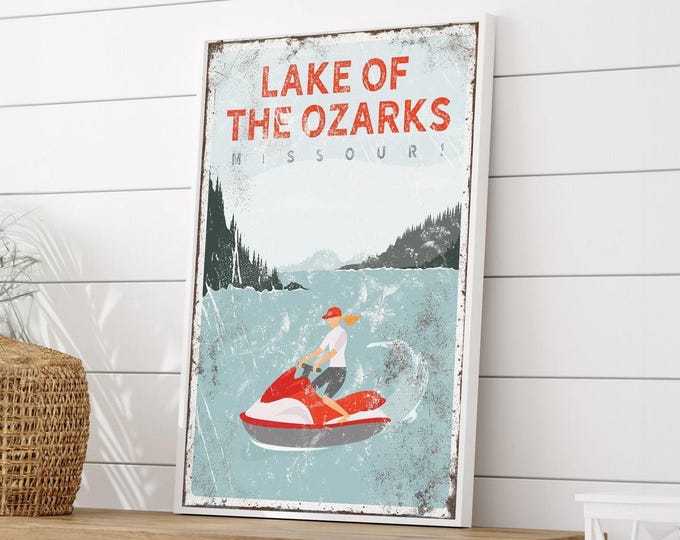 Lakehouse Wall Art, Jetski Vintage Print (Rustic Maple Frame)