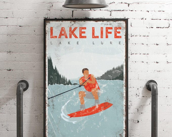 vintage LAKE LIFE sign > personalized wake boarding poster for vintage red lake house decor, wakeboard gift for him, Lake Lure art {vpl}