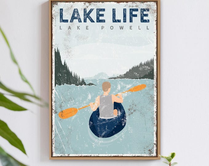 Lake Sign Decor, Vintage Kayak Print in Navy, Personalized Lake House Wall Art