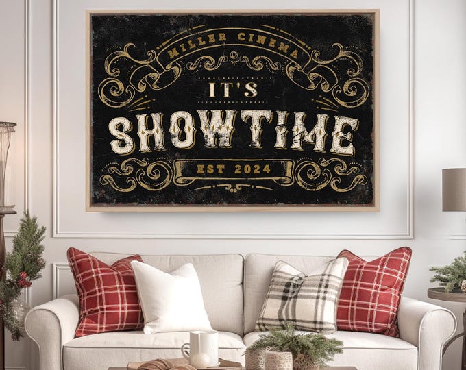 Home Cinema Sign, Personalized Movie Room Decor, Showtime Wall Art, Black Gold