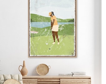 GOLF gift for wife, yellow golfing print, vintage vacation home decor canvas, custom golf gift for her, wake up and golf art, putting {vpg}