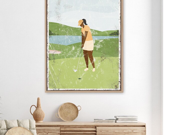 GOLF gift for wife, yellow golfing print, vintage vacation home decor canvas, custom golf gift for her, wake up and golf art, putting {vpg}