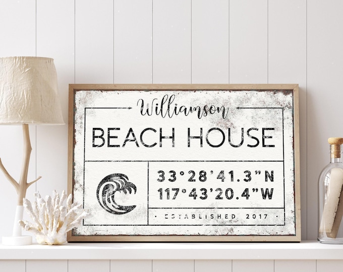 Wave Art Beach House Sign With Your Own Coordinates And The Year You Found It