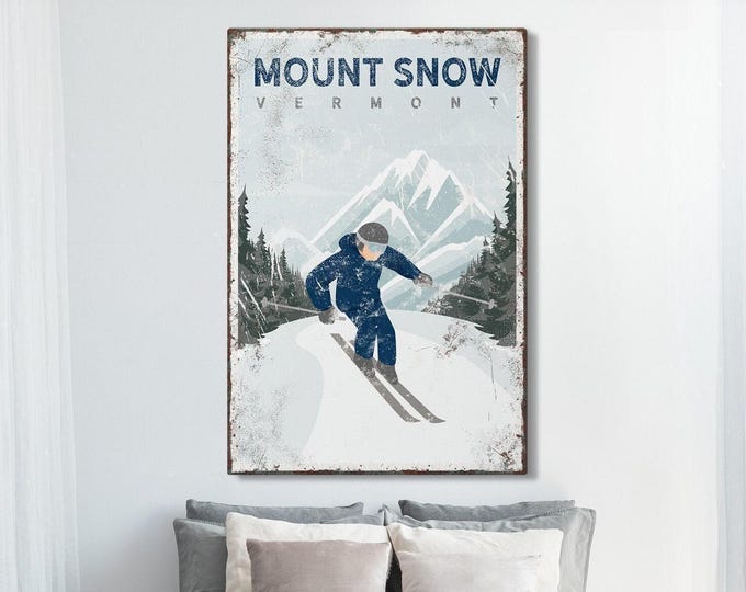 Mount Snow Ski Sign, Navy Downhill Skier Wall Art, Personalized Resort Lodge Decor