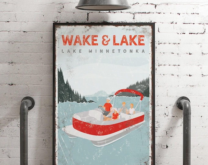 Pontoon Wall Art Vintage Lake Sign, Personalized Lake Name Print, Red Boat Decor for Lake Houses