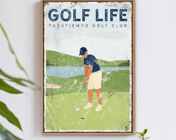 Personalized golf gift for Dad, GOLF LIFE sign, custom golf gift for him, vintage golf course art, golf-themed Fathers day gift {vpg}