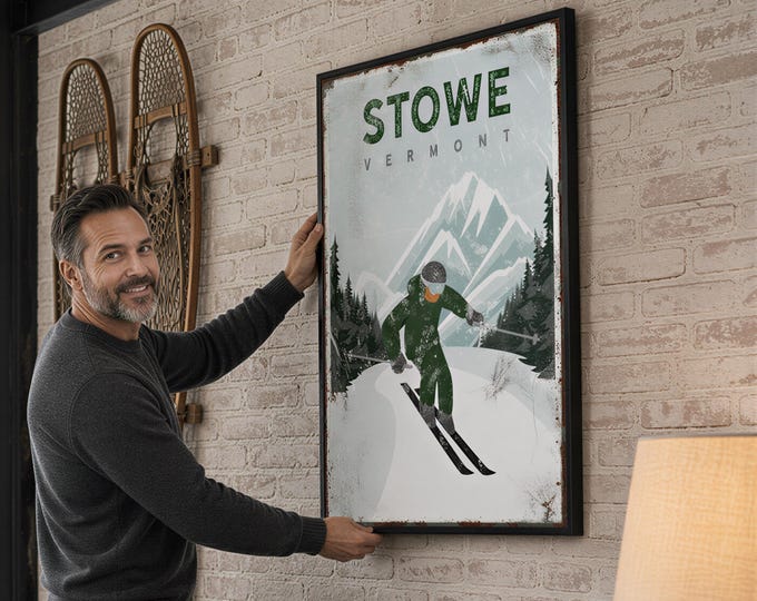 Custom STOWE poster • Vintage Vermont ski mountain wall art • Forest green travel art canvas • Ski gift for Dad • Ski lodge decor {vpw}
