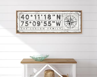 Personalized Coordinates Canvas Sign - Rustic Compass Wall Art