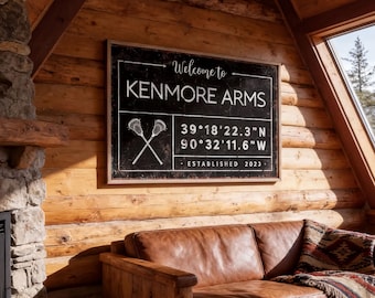 Welcome Sign: Vintage Style with Lacrosse and Coordinates (Personalized Canvas)