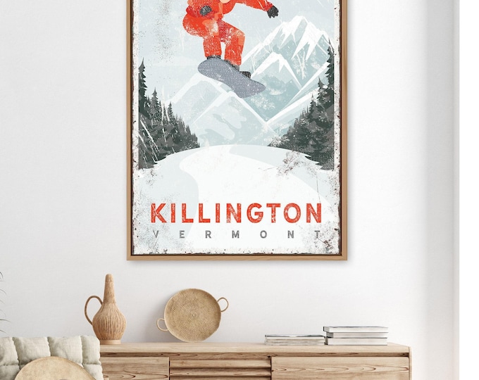 Vintage Snowboard Poster, Distressed Style (Custom Mountain & Text)