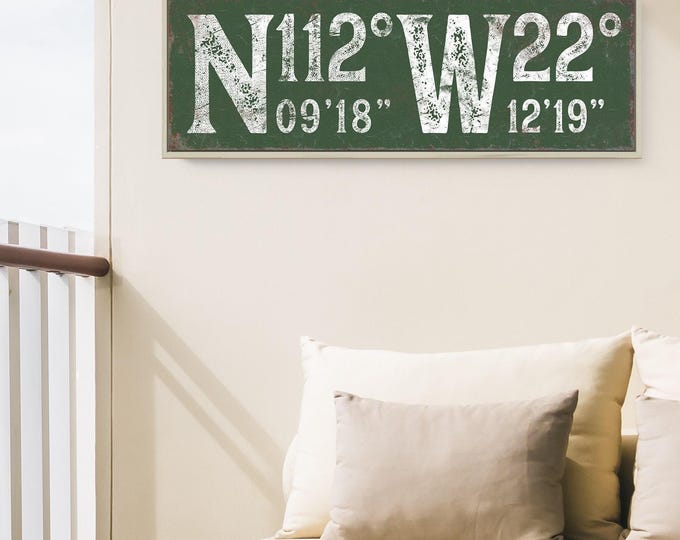 Latitude and longitude sign, large custom print in dark green and white