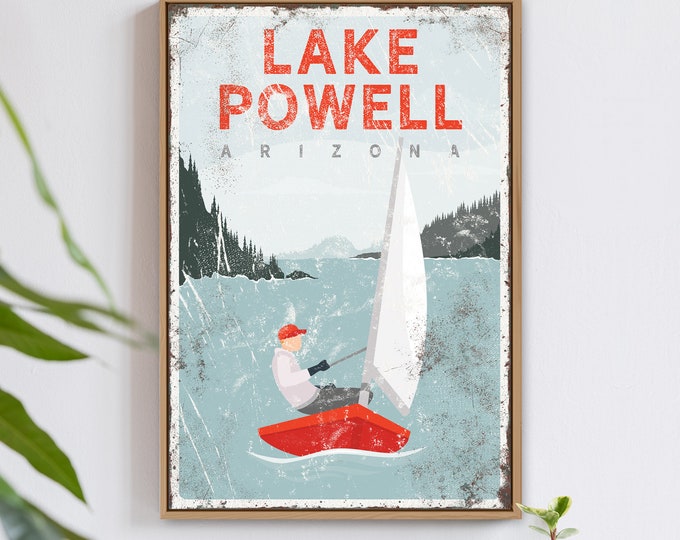 custom lake wall art, vintage nautical sign with sailboat, sailing art print for modern lake house decor, retro Lake Powell poster {VPL}