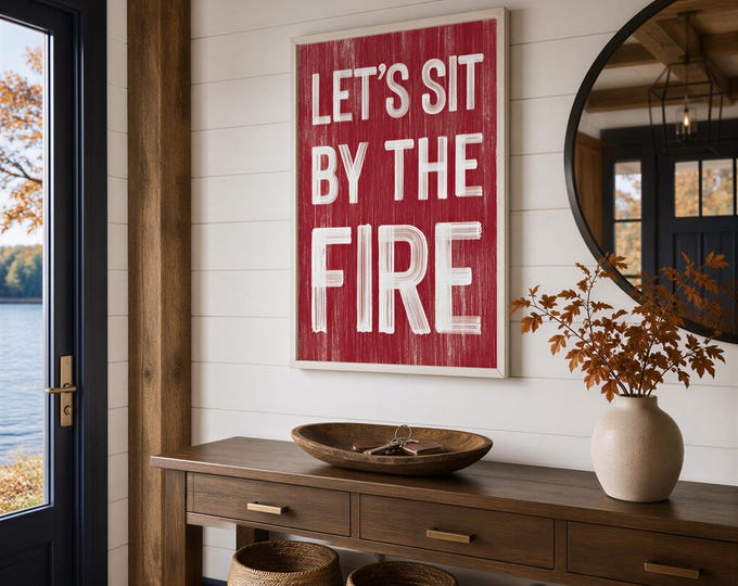 Let's Sit By the Fire Sign: Red & White Modern Cabin Wall Art