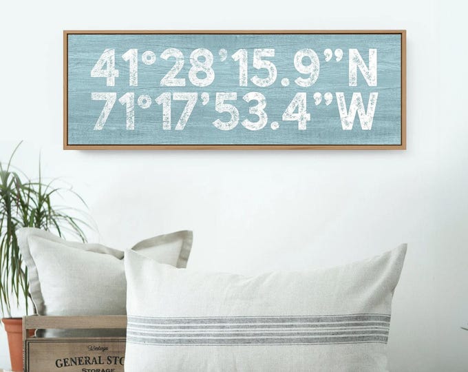 Farmhouse Coordinates Sign, Distressed Canvas (Custom GPS Latitude & Longitude)