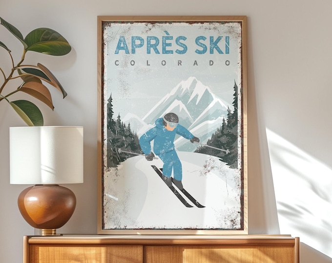 Vintage Ski Lodge Poster: Cerulean Blue Winter Art (Canvas, Paper, Aluminum)