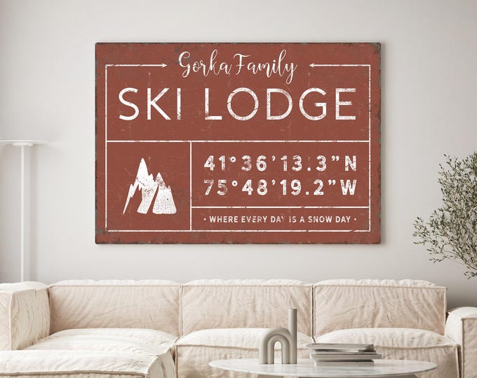 Lodge Sign, Personalized Ski Lodge Family Name Sign, Rust Cabin Wall Art, Coordinates