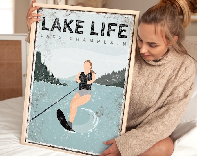 Retirement Gift Art, Lake Rental Home, Personalized Decor, Lake Champlain Poster, Custom Waterski Wall Art, Cabin Birthday Gift {vpl}
