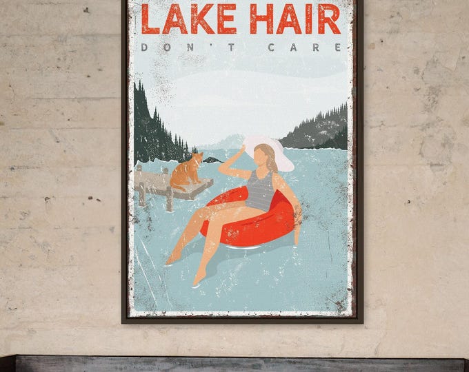 Personalized Lake Sign: Vintage Style with Cat on Dock
