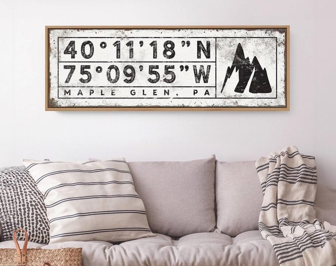 Maple Glen Coordinates Sign, Personalized Town and State Print, Custom Mountain Wall Art