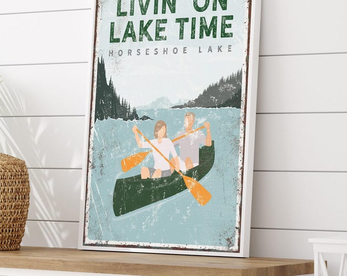 green personalized CANOE couple • "Livin' on LAKE TIME" sign • Horseshoe Lake • lake house decor • modern farmhouse • vintage poster {vpl}