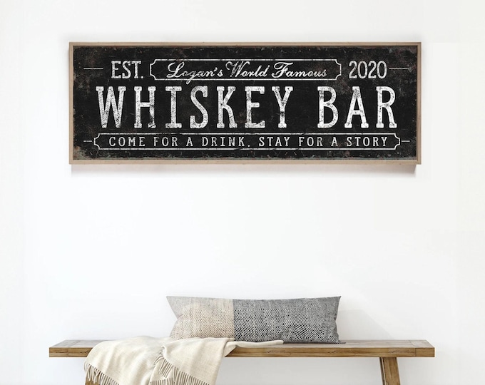 Whiskey Bar Sign, Black Vintage Farmhouse (Large Customizable)