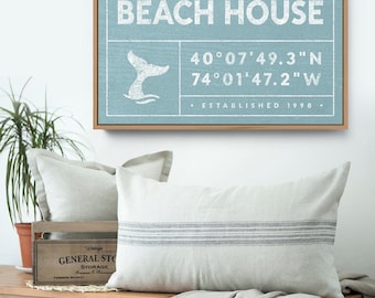 blue BEACH HOUSE sign, personalized last name canvas for beachhouse, custom GPS location, vintage boho decor, nautical wall art {gdo}