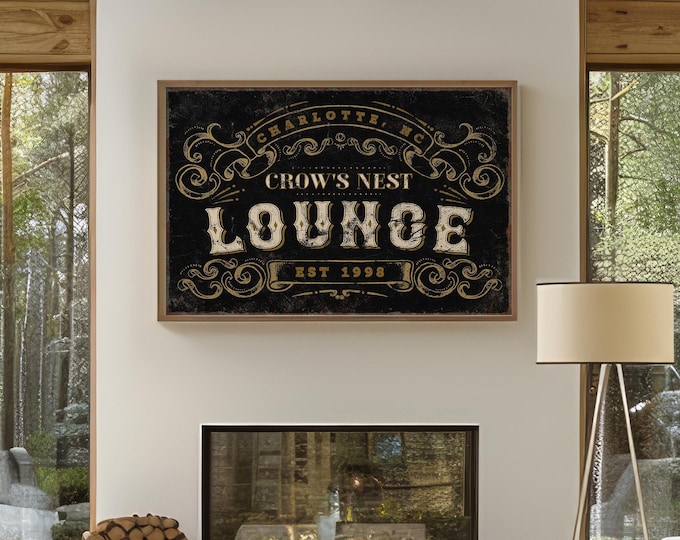 Lounge Sign, Personalized Home Bar Print, Custom Name and Year Cocktail Lounge Wall Art