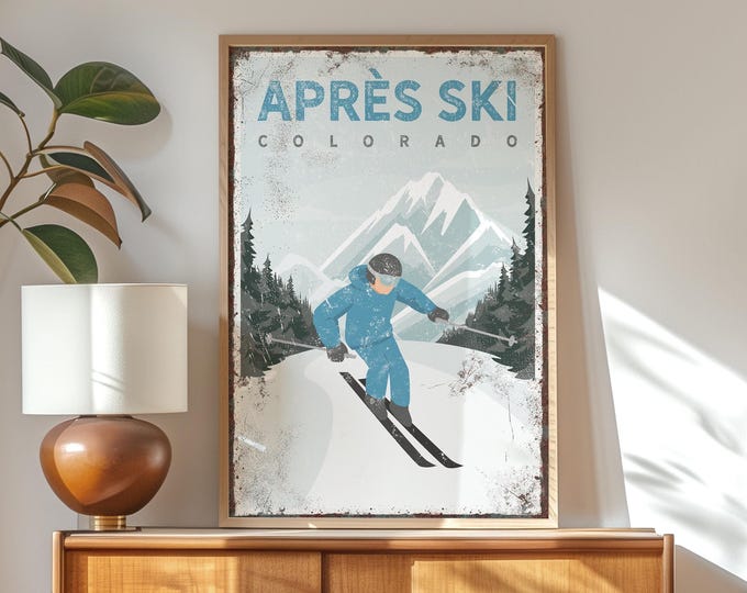 Vintage Ski Sign, Distressed Ski Art, Apres Ski Poster, Retro Colorado Lodge Decor, Custom Male Skier Gift, Vertical Winter Wall Print {vpw}