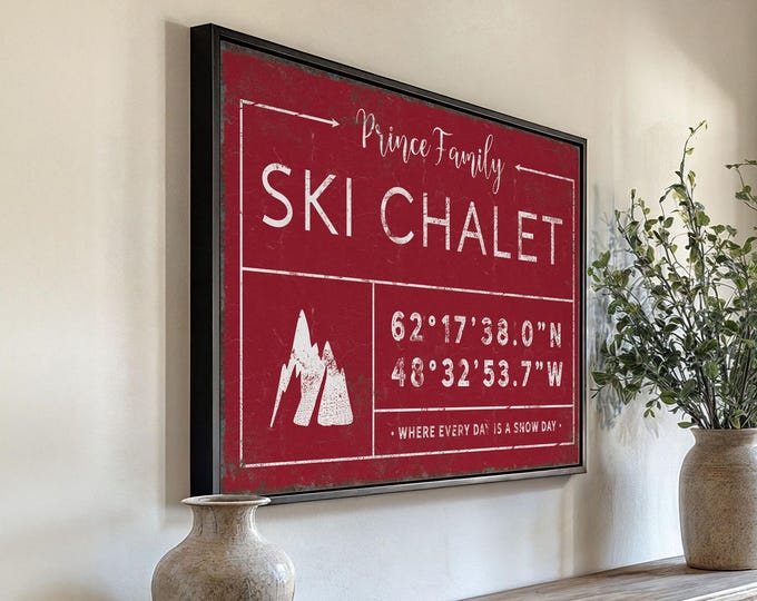 Personalized Mountain Sign: Dark Red Ski Chalet Coordinates