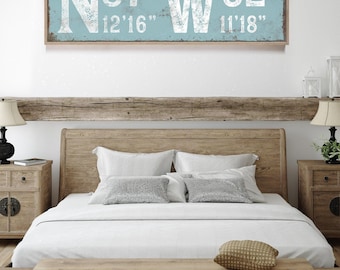 Custom coordinates in oversized wall art, big N and W typography in dusty blue