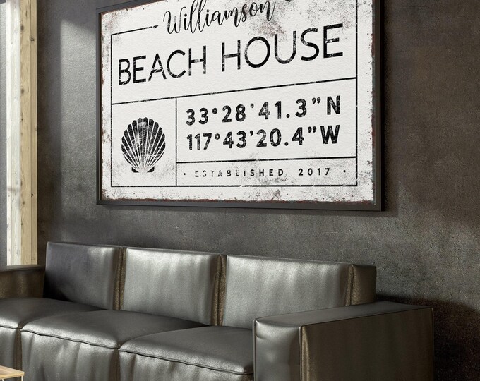 vintage BEACH HOUSE sign > custom lattitude longitude coordinates, family name and year established, canvas print for beachhouse decor {gdw}