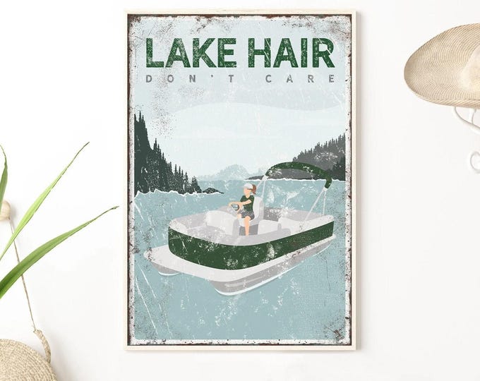 Green Lake Sign, Dark Green Pontoon Vintage Lake House Wall Art For Lake Lovers